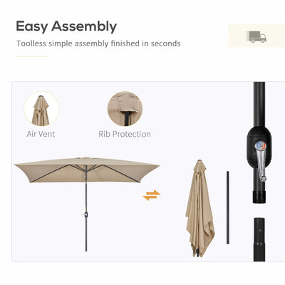 Outsunny 3x2m Garden Parasol Umbrella with Tilt and Crank, Outdoor Sun Shade Canopy with Aluminium Frame and Steel Ribs, Rectangular, Khaki 