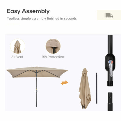 Outsunny 3x2m Garden Parasol Umbrella with Tilt and Crank, Outdoor Sun Shade Canopy with Aluminium Frame and Steel Ribs, Rectangular, Khaki 