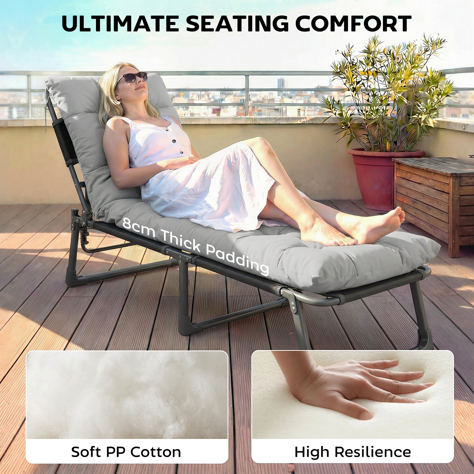 Outsunny Sun Lounger Cushions Only, Garden Lounge Chair Cushions Set of 2, Sunbed Replacement Pads with 4 Ties, Light Grey 