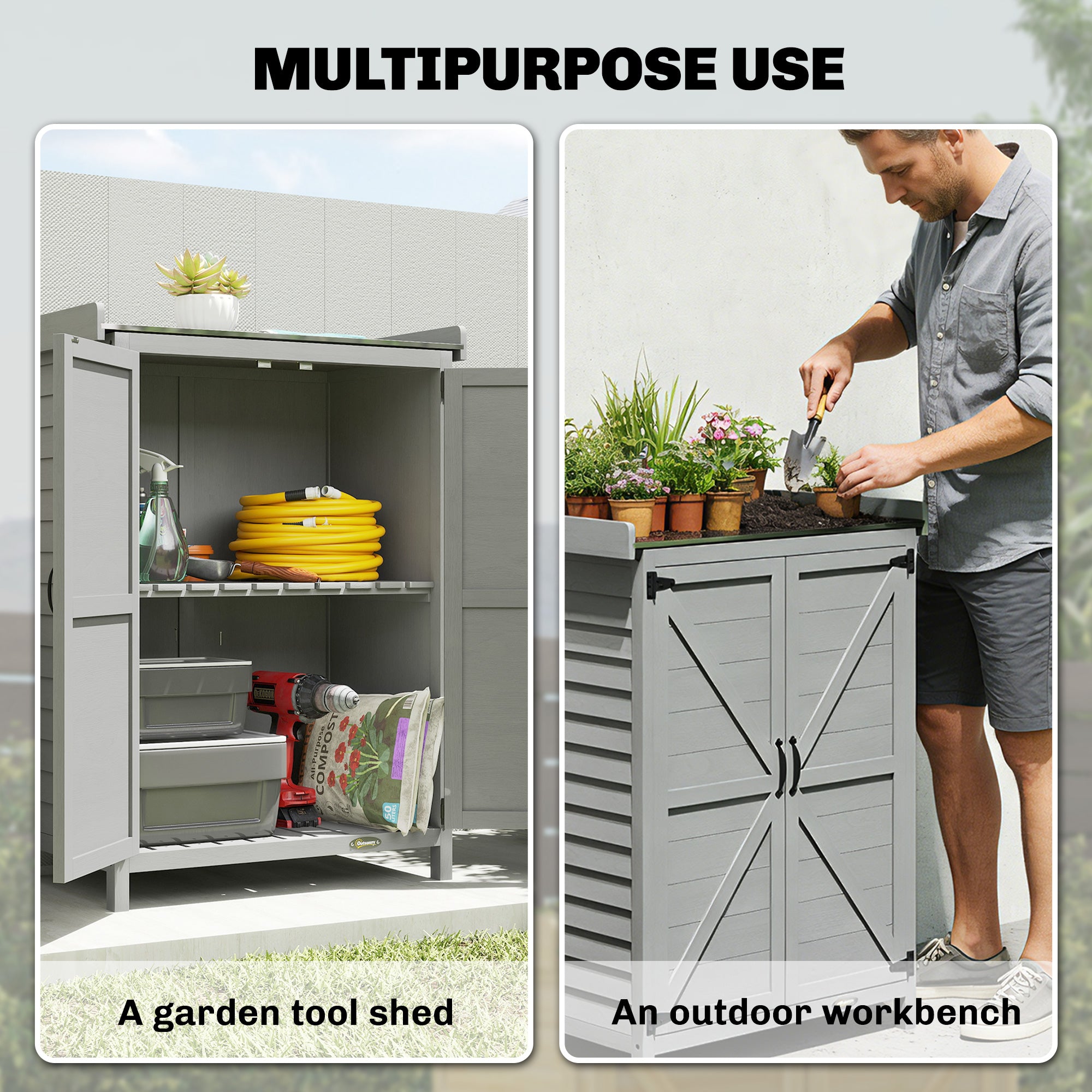 Outsunny Wooden Garden Shed, Garden Tool Storage Shed with Shelf and Side Hooks, 71.5 x 39 x 95 cm, Grey 