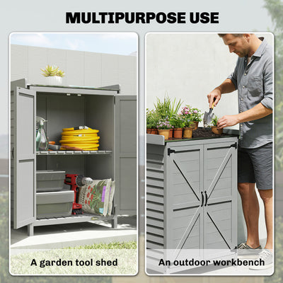 Outsunny Wooden Garden Shed, Garden Tool Storage Shed with Shelf and Side Hooks, 71.5 x 39 x 95 cm, Grey 