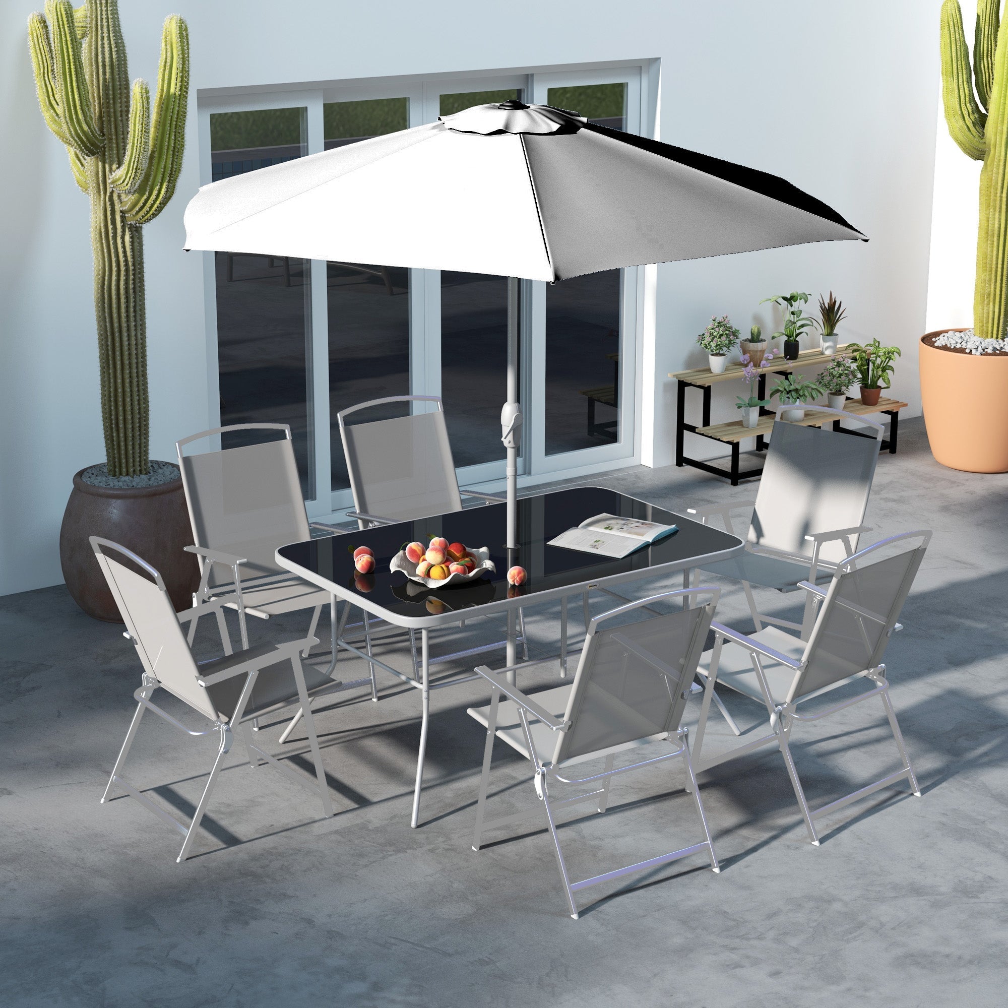 Outsunny Eight-Piece Garden Dining Set, with Chairs, Table and Parasol - Grey 