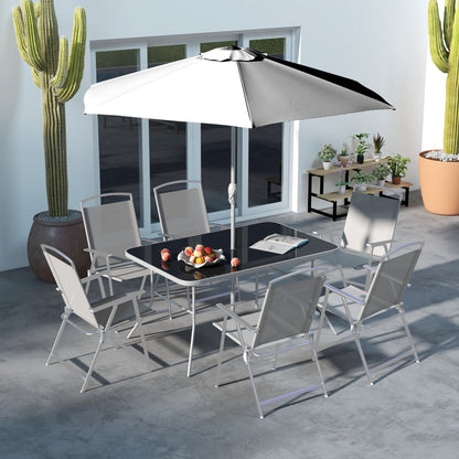 Outsunny Eight-Piece Garden Dining Set, with Chairs, Table and Parasol - Grey 