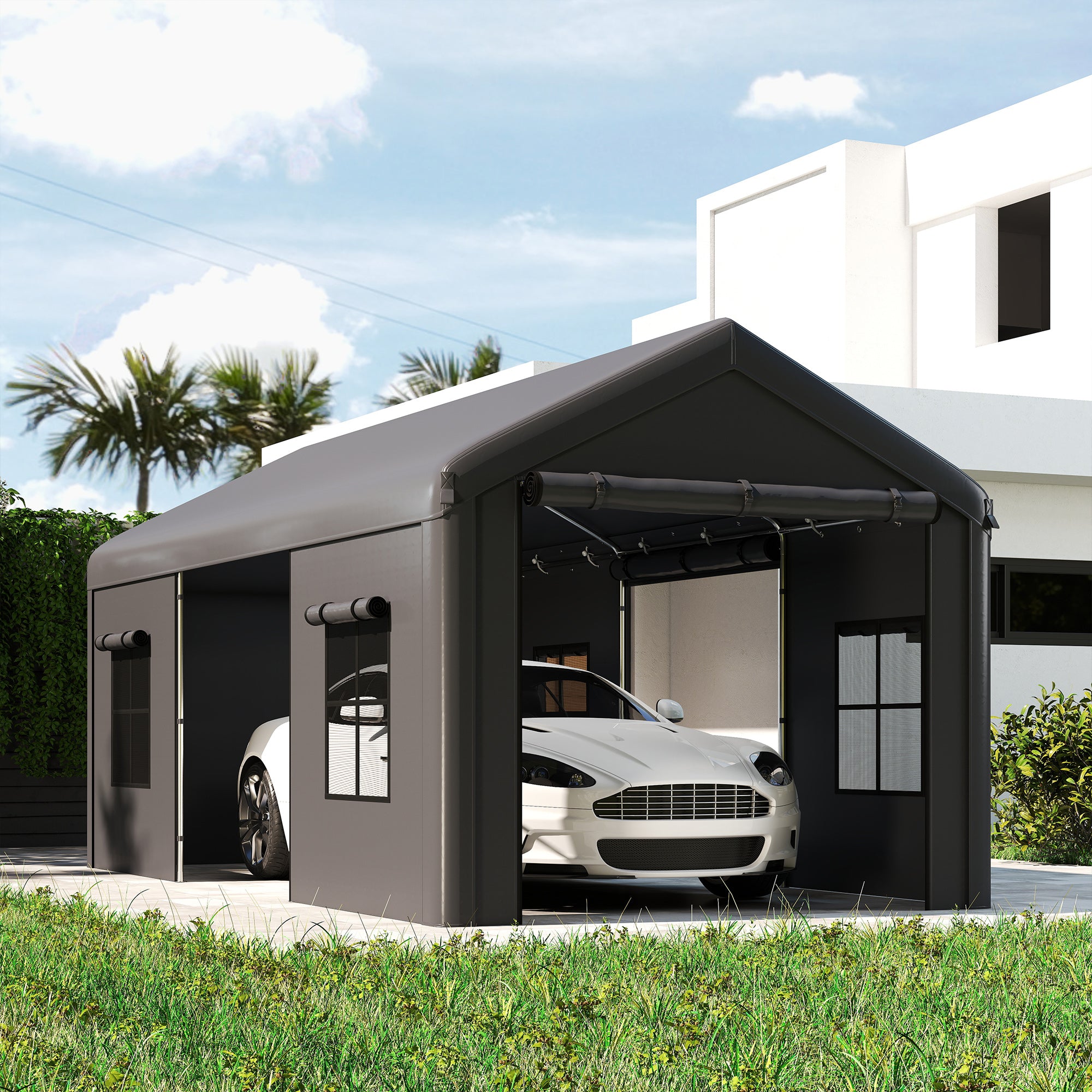 Outsunny 3 x 6 m Heavy Duty Carport, Portable Garage Car Canopy Tent with Galvanised Frame, Doors, Windows, Dark Grey 