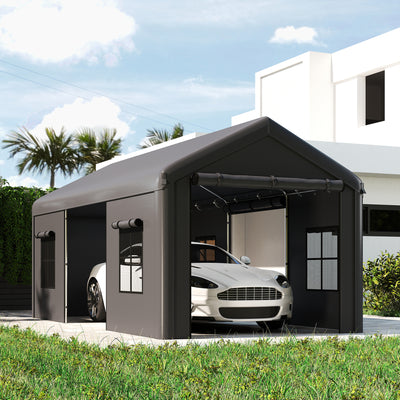 Outsunny 3 x 6 m Heavy Duty Carport, Portable Garage Car Canopy Tent with Galvanised Frame, Doors, Windows, Dark Grey 