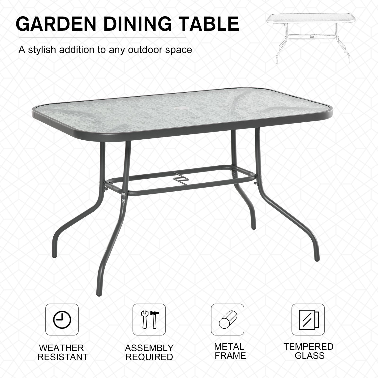 Outsunny Garden Dining Table Glass Top Metal Frame with Parasol Hole Outdoor Balcony Grey 120L x 80Wcm 