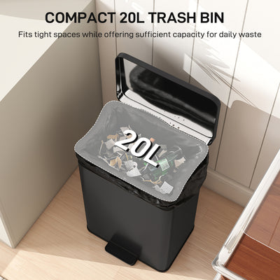 HOMCOM 20L Kitchen Bin with Soft-Close Lid and Stay-Open Function, Stainless Steel Pedal Bin with Removable Inner Bucket for Kitchen, Office, Home, Matte Black 