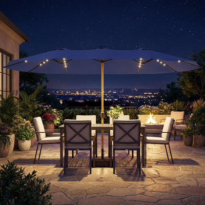 Outsunny Double Sided Garden Parasol with Base Included & 48 Solar LED Lights Patio Umbrella Crank Handle 4.6m Dark Blue 