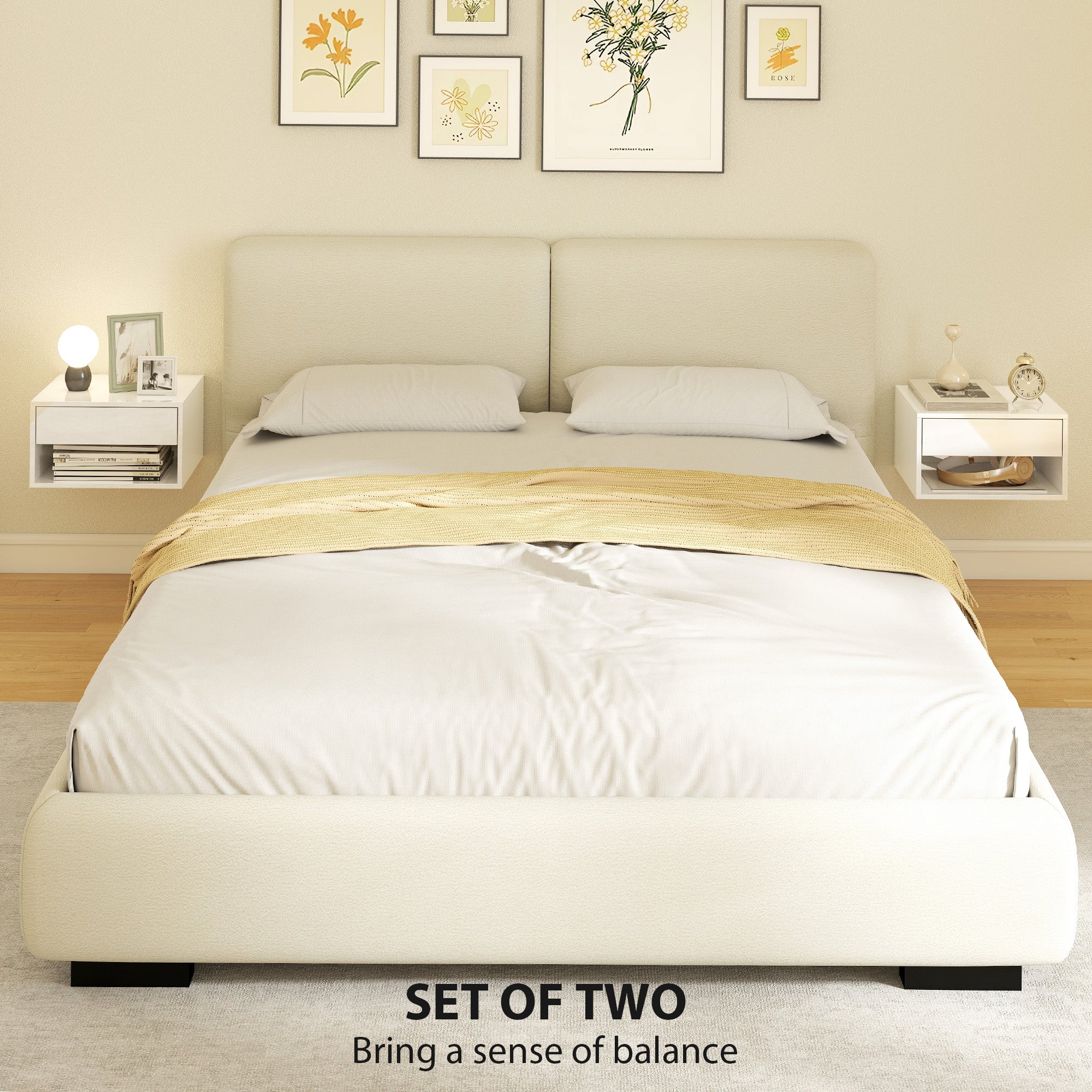 HOMCOM Set of Two Floating Bedside Tables, Wall Mounted Nightstand with Drawer and Open Shelf, High Gloss White 