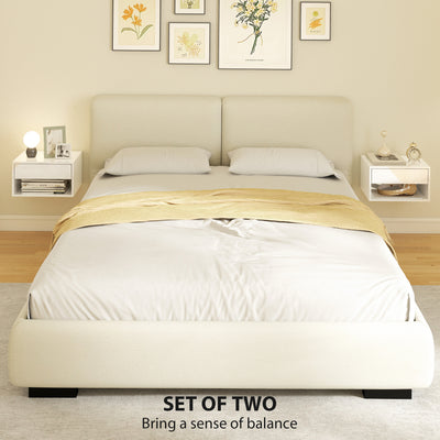 HOMCOM Set of Two Floating Bedside Tables, Wall Mounted Nightstand with Drawer and Open Shelf, High Gloss White 