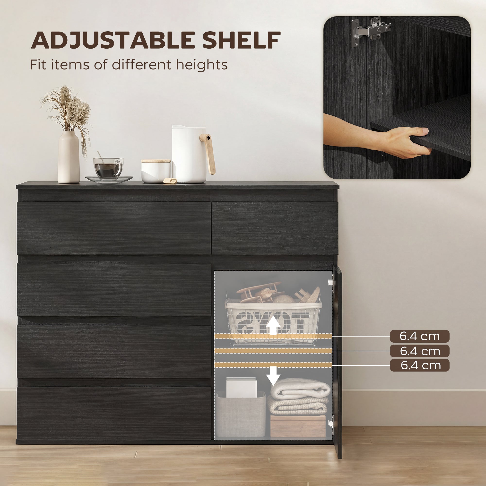 HOMCOM Modern Chest Of Drawers, 5 Drawer Dresser with Adjustable Shelf, Soft-Close Door, Black 