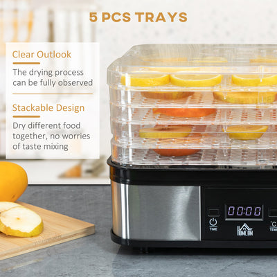 HOMCOM 5 Tier Food Dehydrator, 245W Stainless Steel Food Dryer Machine with Adjustable Temperature, Timer and LCD Display for Drying Fruit, Meat, Vegetable, Jerky and Pet Treat, Black 