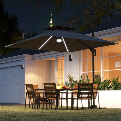 Outsunny 2.5m Cantilever Parasol with Solar Powered LED Lights, 360° Rotation, Tilt Adjustment, Crank Handle, Dark Grey 