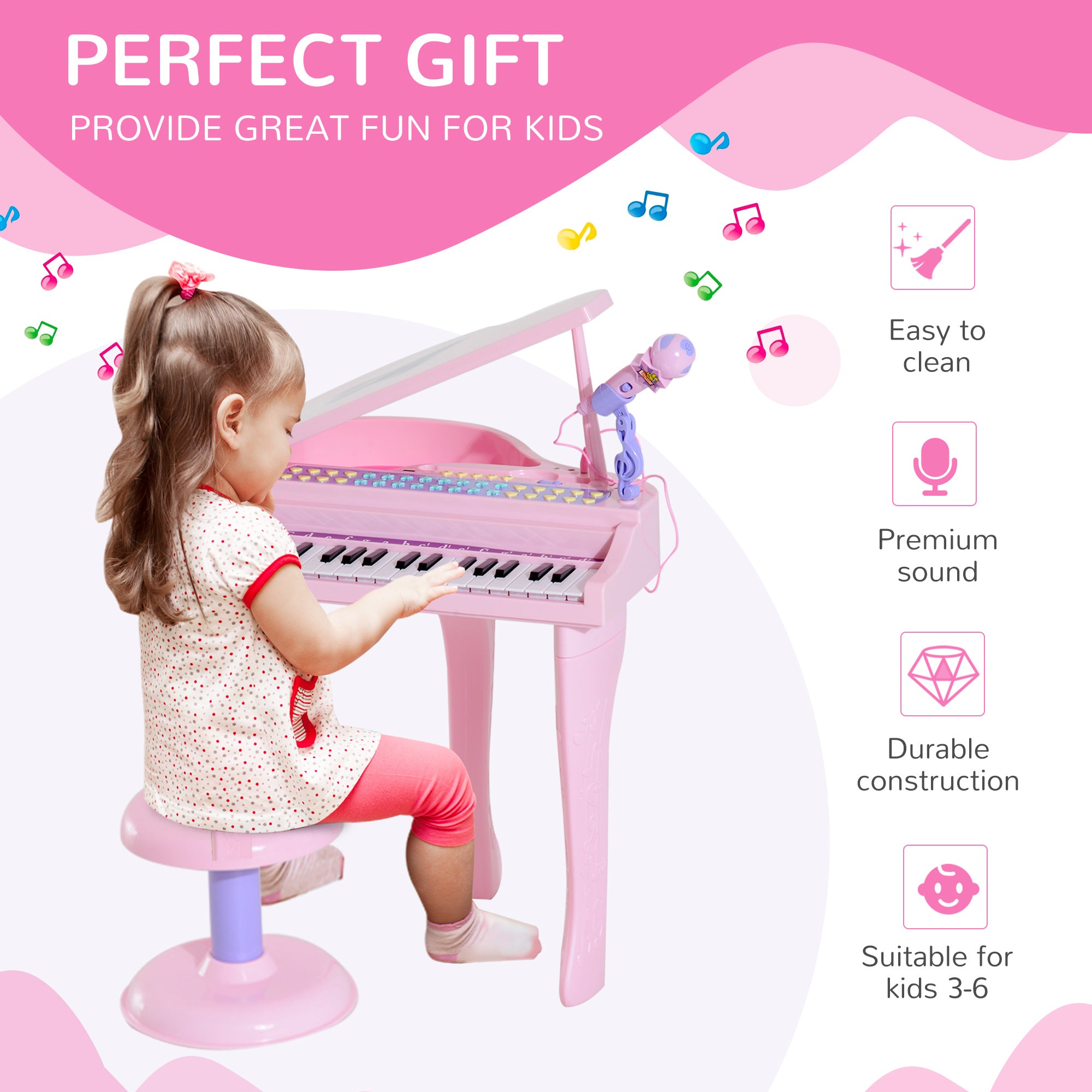 HOMCOM 37 Keys Kids Mini Electronic Keyboard Children Grand Piano with Stool Microphone Light Musical Instrument Educational Game Toy Set (Pink) 