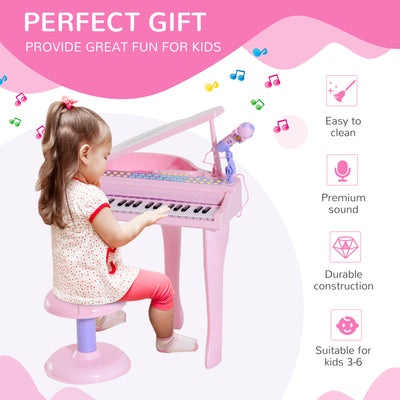 HOMCOM 37 Keys Kids Mini Electronic Keyboard Children Grand Piano with Stool Microphone Light Musical Instrument Educational Game Toy Set (Pink) 