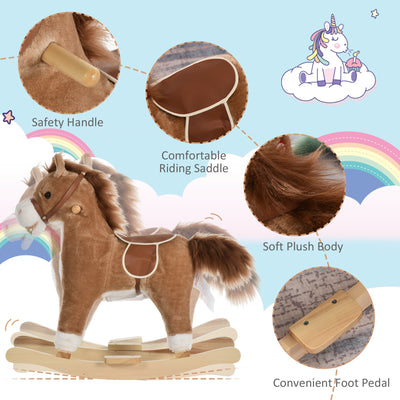 HOMCOM Kids Plush Rocking Horse w/ Sound Moving Mouth Wagging Tail Children Rocker Ride On Toy Gift 3-6 Years Brown 