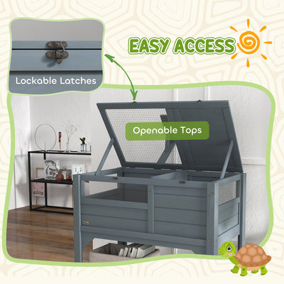 PawHut Wooden Tortoise House, with Shelter, Run, Shelf, Lamp Holder, Tray, Grey 