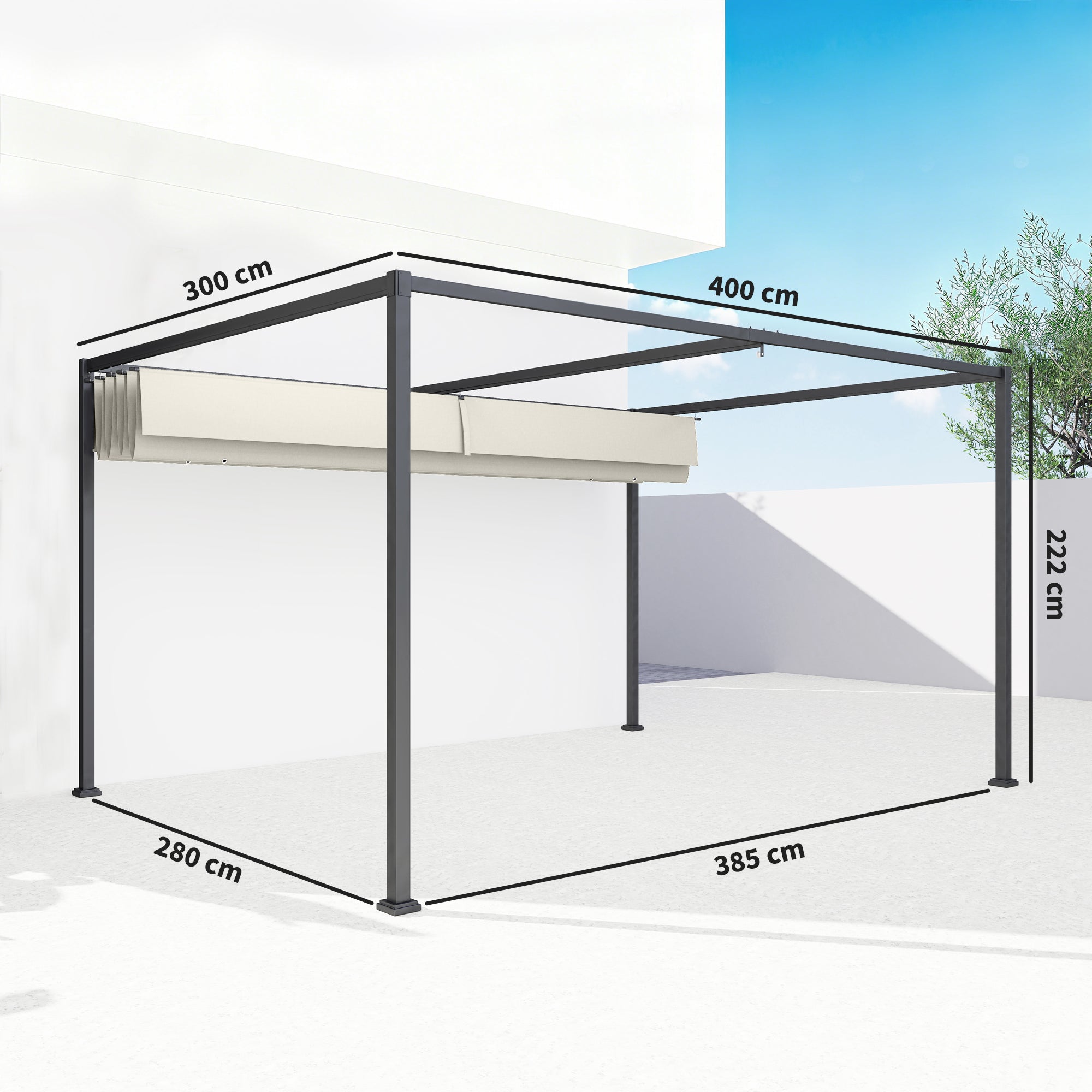 Outsunny 4 x 3(m) Metal Pergola with Retractable Roof, Garden Gazebo Canopy Shelter for Outdoor, Patio, Cream White 