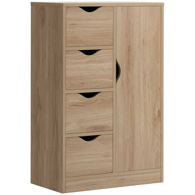 HOMCOM Bathroom Cabinet, Freestanding Storage Cabinet with 4 Drawers, Door Cupboard for Living Room, Kitchen, Bedroom, Natural 