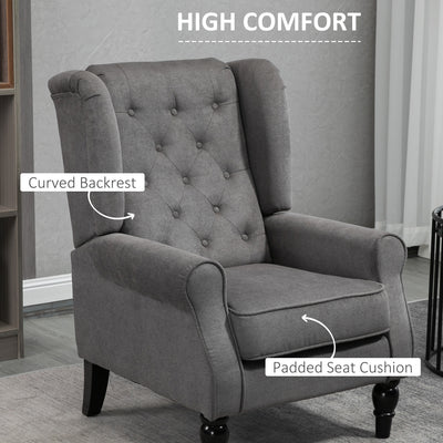 HOMCOM Retro Accent Chair, Wingback Armchair with Wood Frame Button Tufted Design for Living Room Bedroom, Dark Grey 
