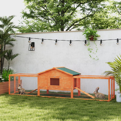 PawHut Wooden Rabbit Hutch with Run, Tray, Ramps, Asphalt Roof, 309 x 70 x 87cm, Orange 
