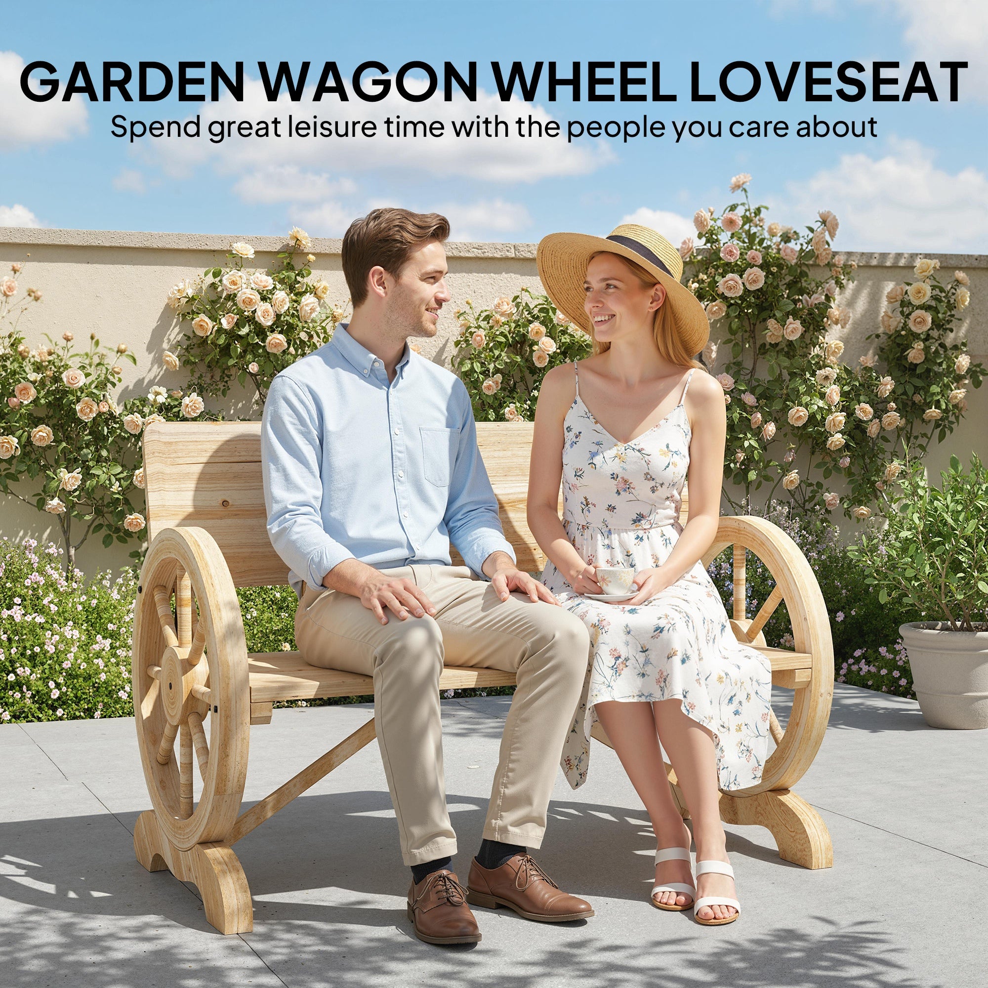 Outsunny Fir Wood 2-Seater Outdoor Garden Wagon Wheel Bench, Natural Wood Finish 