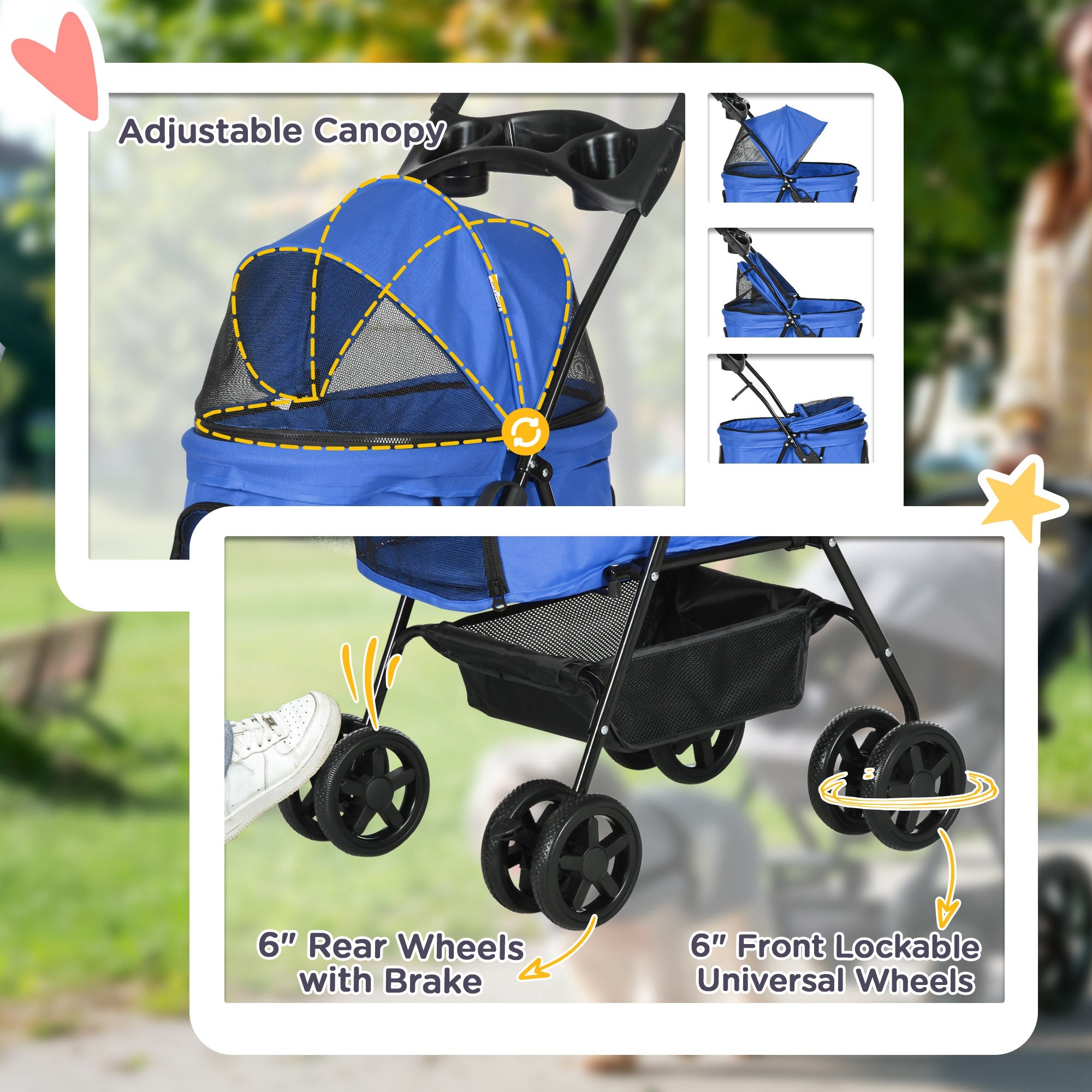 PawHut Dog Pram Dog Stroller Foldable Pet Pushchair with 4 Wheels, Safety Leashes, Cup Holder for Small Dogs, Blue 