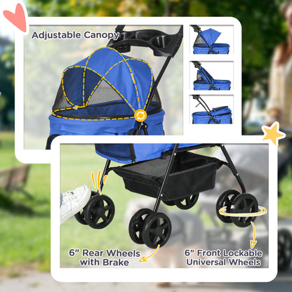 PawHut Dog Pram Dog Stroller Foldable Pet Pushchair with 4 Wheels, Safety Leashes, Cup Holder for Small Dogs, Blue 