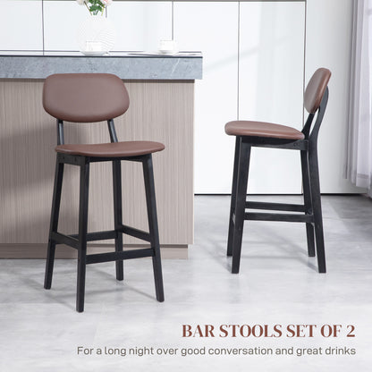 HOMCOM Bar Stools Set of 2, Contemporary Breakfast Bar Chairs, Faux Leather Upholstered Kitchen Stools with Backs and  Solid Wood Legs, Brown