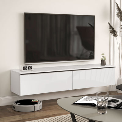HOMCOM 160cm High Gloss Floating TV Unit Stand for TVs up to 70", Wall Mounted TV Cabinet with Storage Cupboards, White 