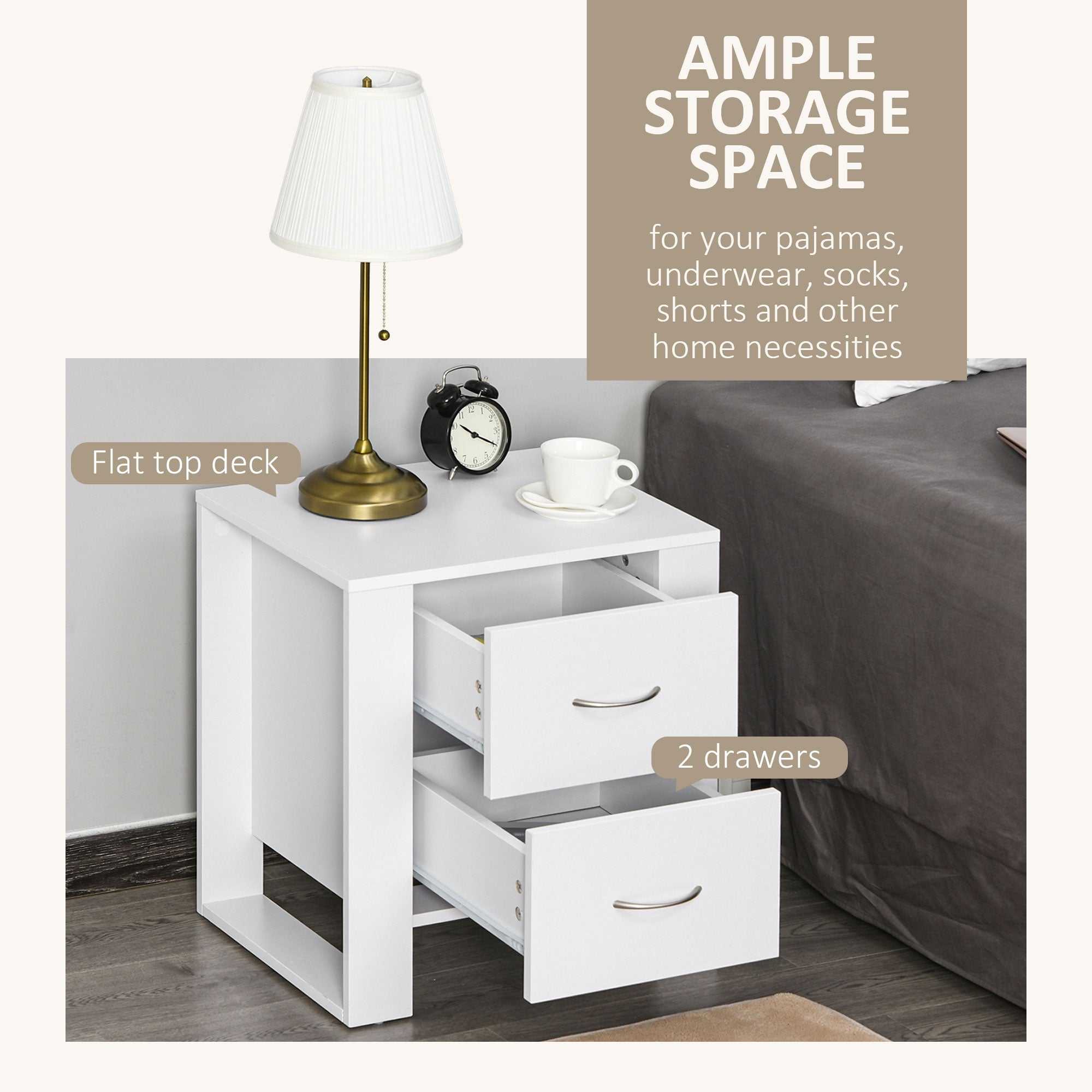 HOMCOM Bedside Table with 2 Drawers, Nightstand with Handles and Elevated Base, Side Table for Bedroom, Living Room, Set of 2, White 