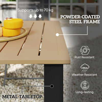 Outsunny Garden Dining Table for 6 with Parasol Hole, Rectangle Outdoor Garden Table with Slatted Metal Top, Steel Frame, Brown 