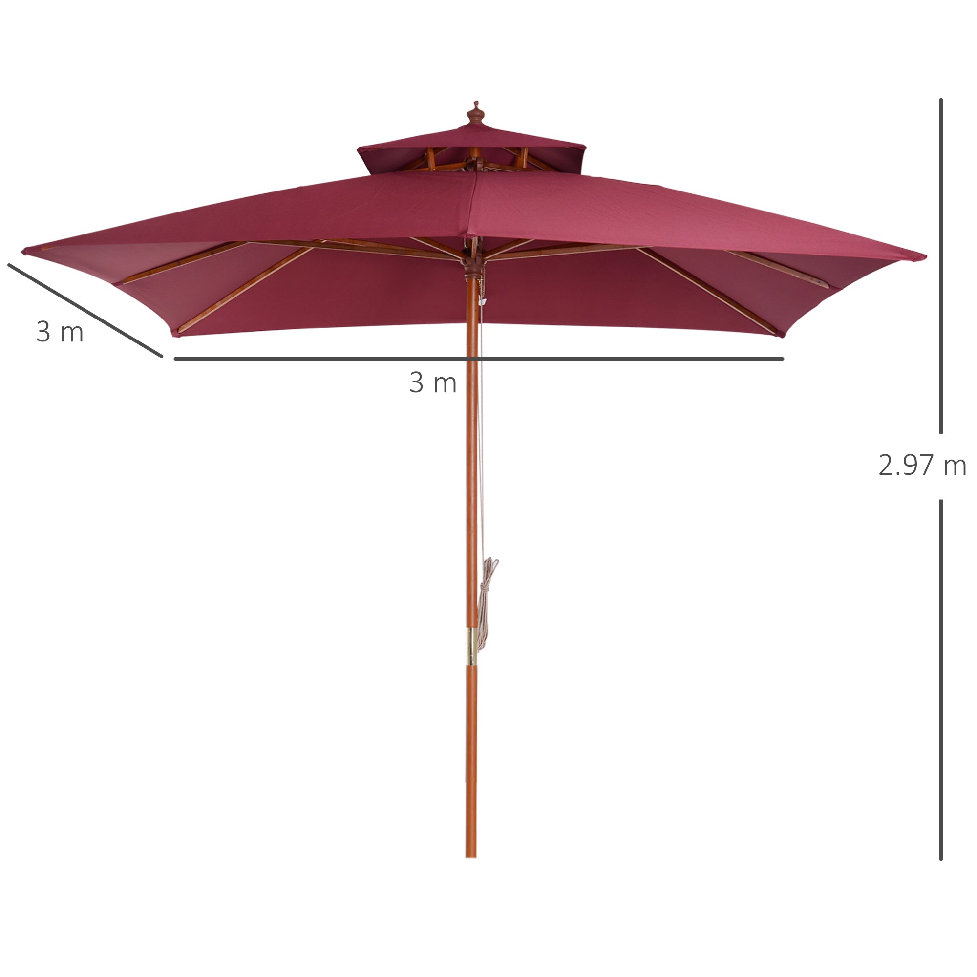 Outsunny 3 x 3(M) Garden Parasol Umbrella Sunshade, Outdoor Wooden Parasol with Double Tier Canopy, Wine Red 
