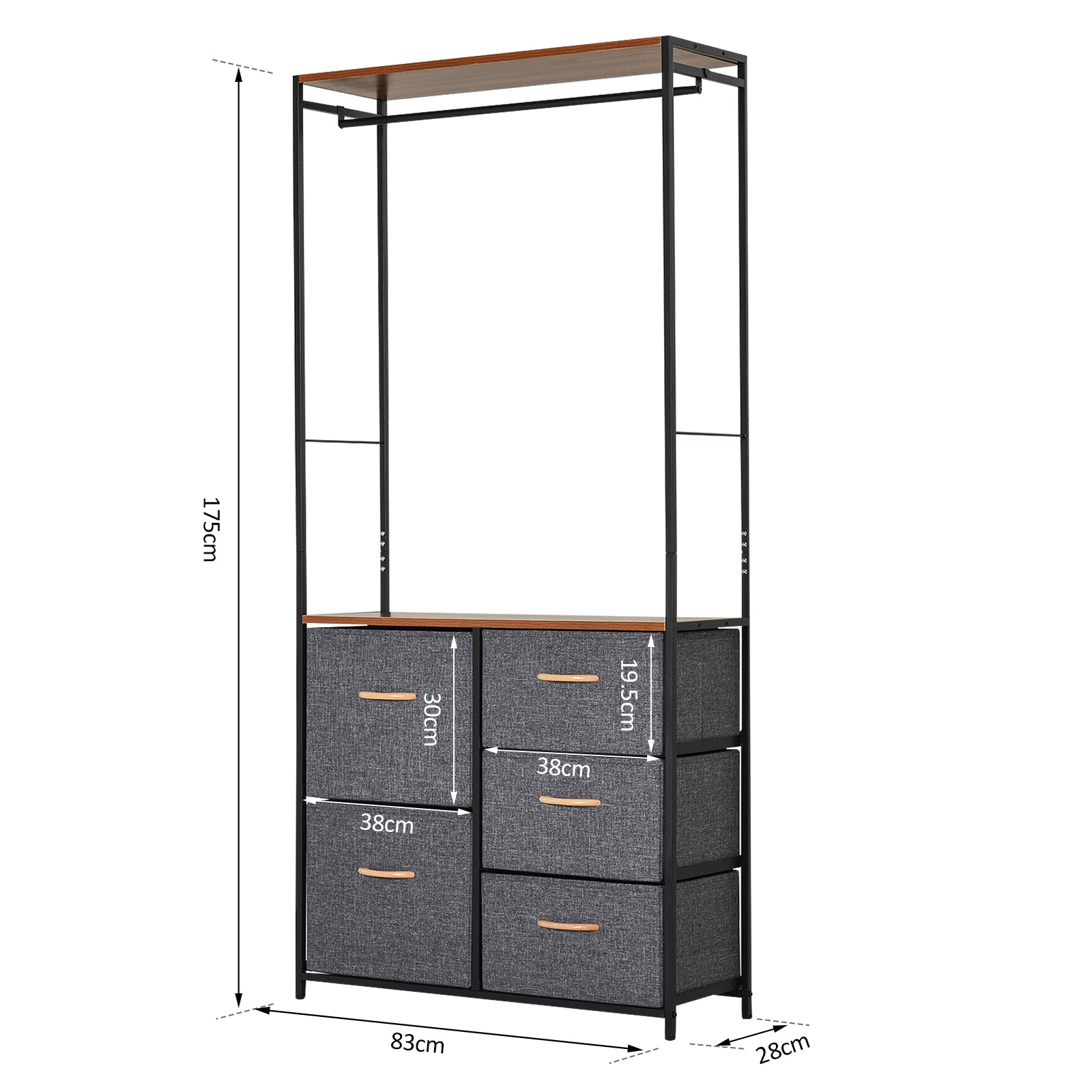 HOMCOM Chest of Drawers with Coat rack Steel Frame 5 Drawers  Bedroom Hallway Home Furniture Black Brown 