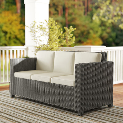 Outsunny 3 Seater Rattan Sofa All-Weather Wicker Weave Metal Frame Chair with Fire Resistant Cushio-Cream 