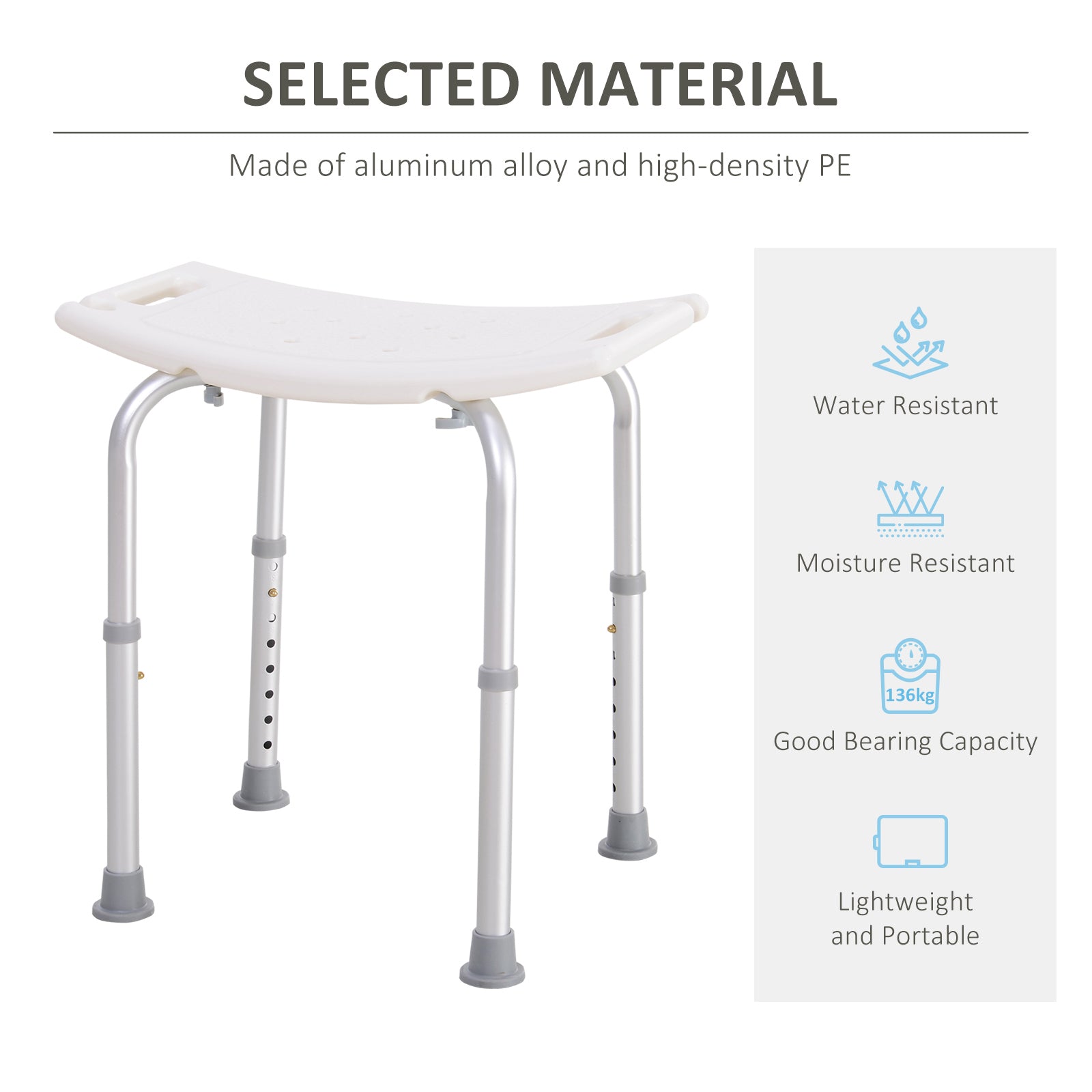 HOMCOM Height Adjustable Bath Stool, Aluminium Shower Stool with Non-Slip Pads for Elderly, Disabled, Seniors, Pregnant, White 