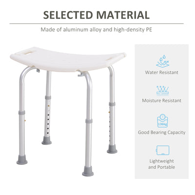 HOMCOM Height Adjustable Bath Stool, Aluminium Shower Stool with Non-Slip Pads for Elderly, Disabled, Seniors, Pregnant, White 