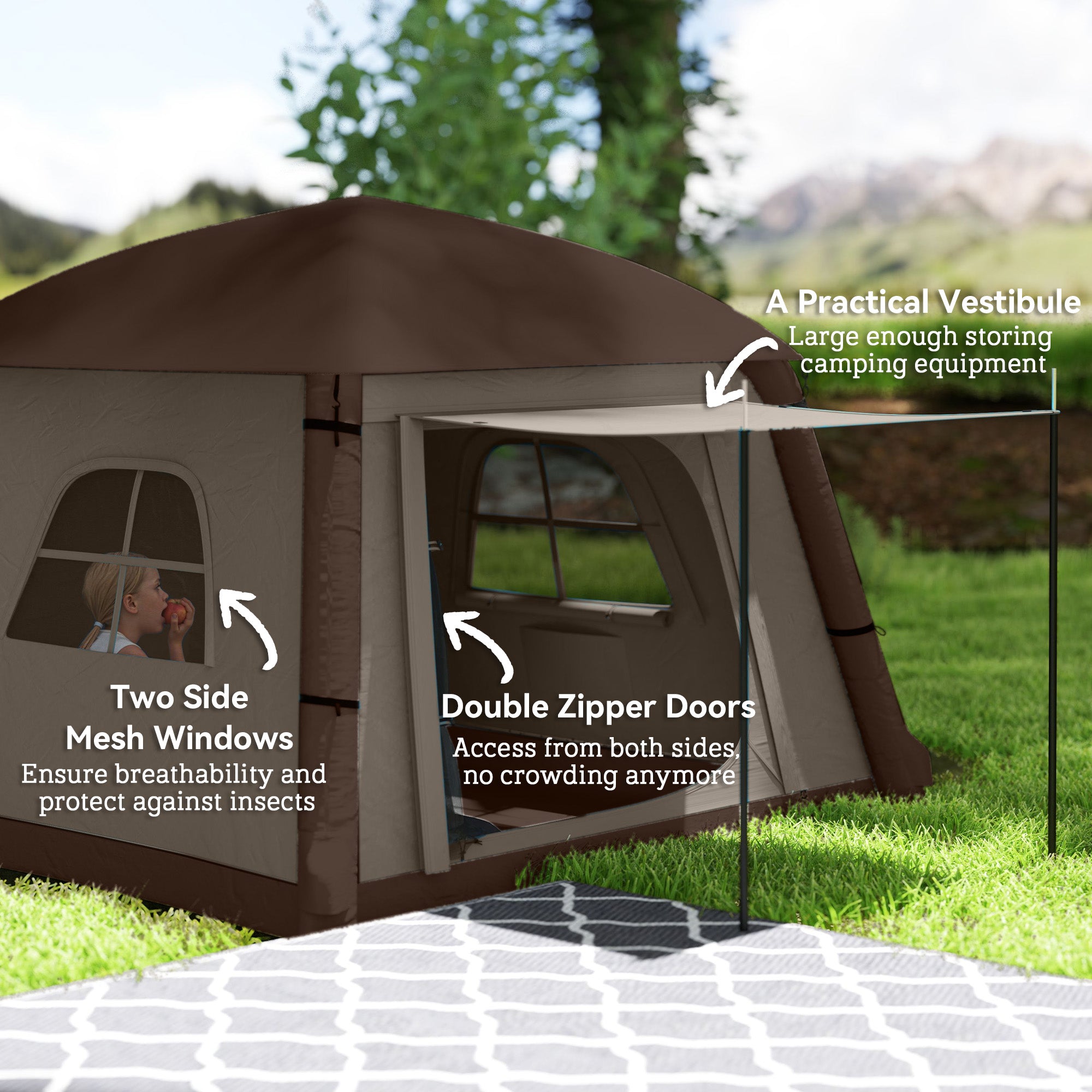 Outsunny Blow Up Tent w/ Hand Pump, Inflatable Camping Tent, Easy Setup 1/2 Person Waterproof Khaki 