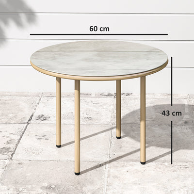Outsunny Round Small Garden Table, 60cm Outdoor Side Table with Faux Marble Tempered Glass Top, Steel Frame for Garden Patio Balcony, Beige 