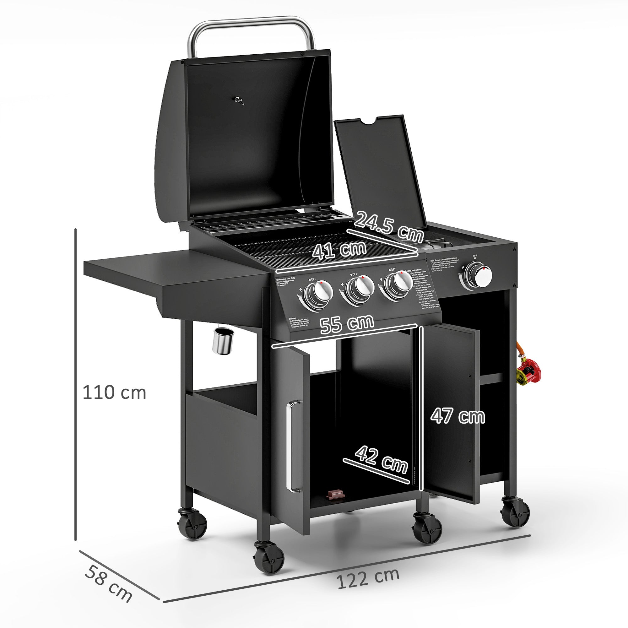 Outsunny 3+1 Burner Gas BBQ Grill with Storage Cabinet and Shelves, 11.6 kW Gas Barbecue Trolley with 6 Castor Wheels, Warming Rack, Thermometer for Outdoor Cooking Garden Party, Black 