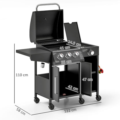 Outsunny 3+1 Burner Gas BBQ Grill with Storage Cabinet and Shelves, 11.6 kW Gas Barbecue Trolley with 6 Castor Wheels, Warming Rack, Thermometer for Outdoor Cooking Garden Party, Black 