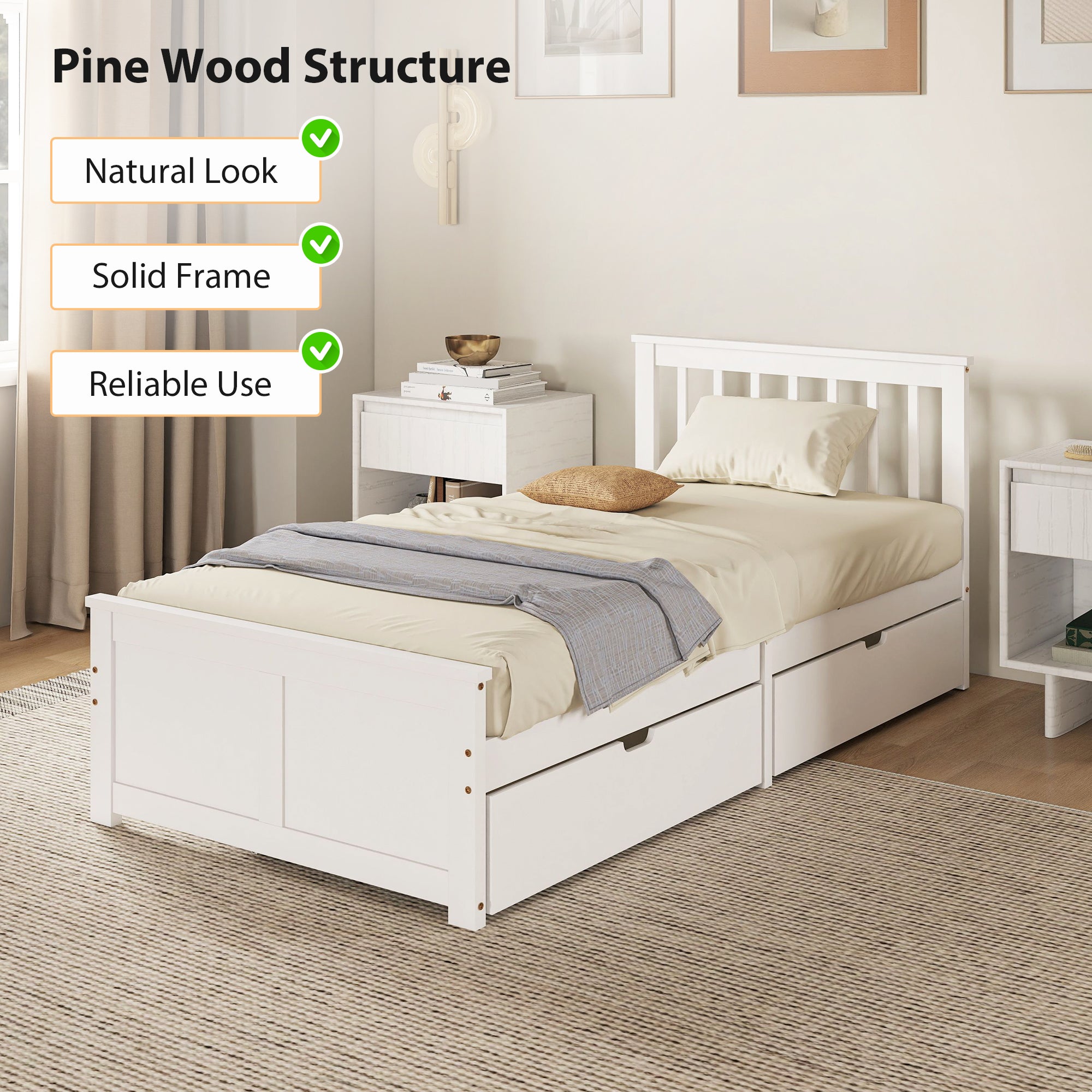 HOMCOM Wooden Single Bed Frame, with Drawers - White 