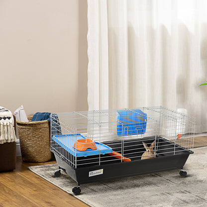 PawHut Small Animal Cage Rabbit Guinea Pigs Chinchillas Cage w/ Wheels Water Bottle Food Dish Platform Ramp 89 x 44 x 43 cm Black 
