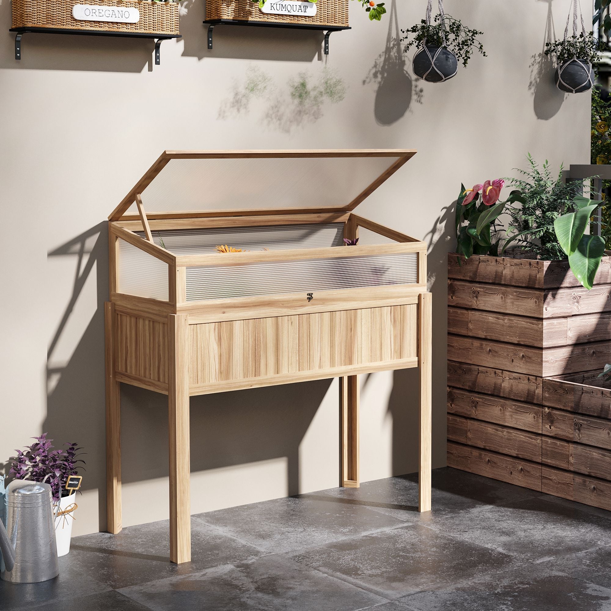 Outsunny Raised Garden Bed 2-IN-1 Wood Cold Frame Greenhouse with Elevated Garden Box, Openable Top for Flowers, Vegetables, Plants, Natural 