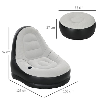 Outsunny Inflatable Sofa Chair and Foot Stool Set with Cup Holder, for Gaming, Reading and Movie Watching, Grey 