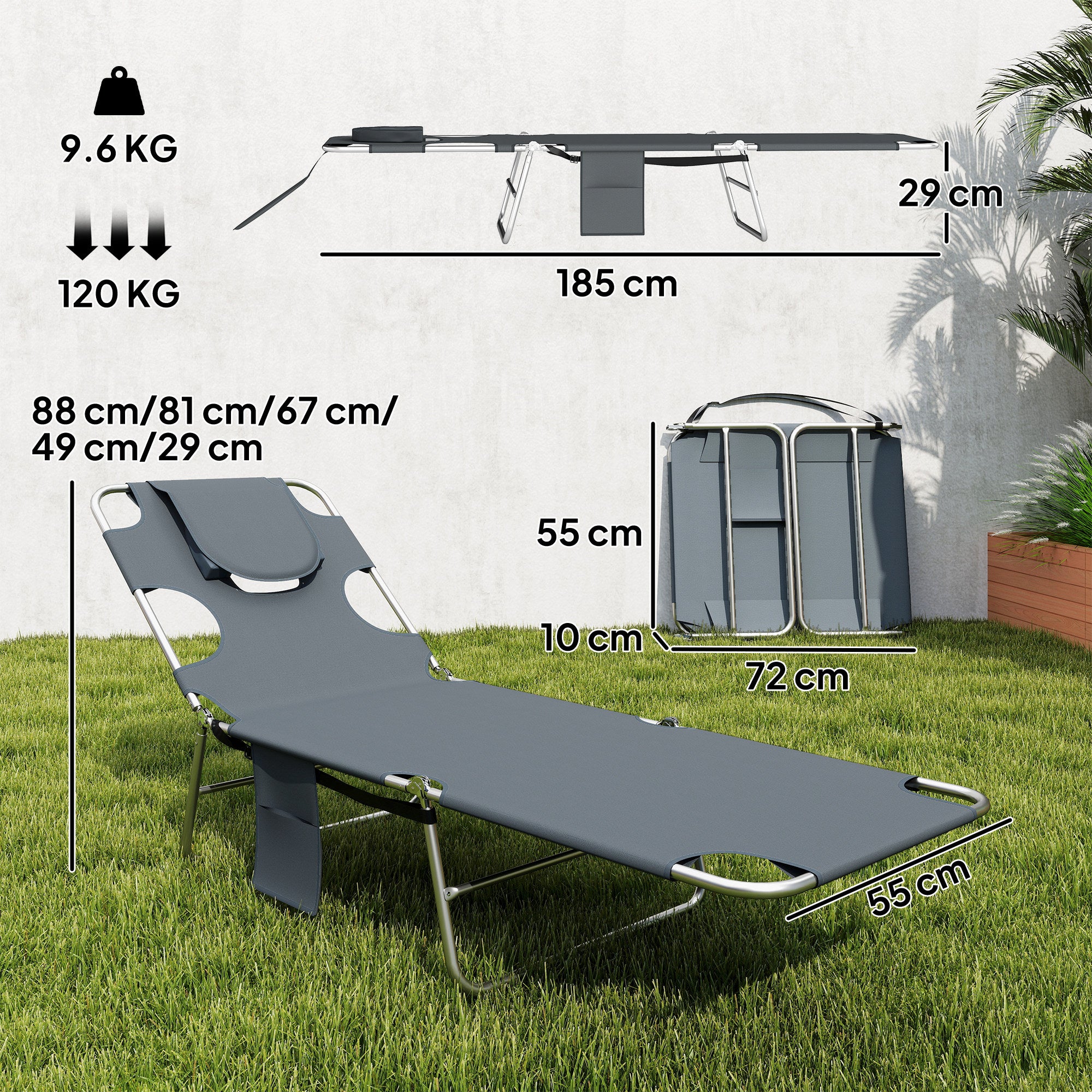 Outsunny 5-Position Adjustable Sun Loungers Set of 2 with Reading Hole and Side Pocket, Dark Grey 
