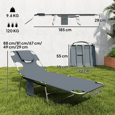 Outsunny 5-Position Adjustable Sun Loungers Set of 2 with Reading Hole and Side Pocket, Dark Grey 