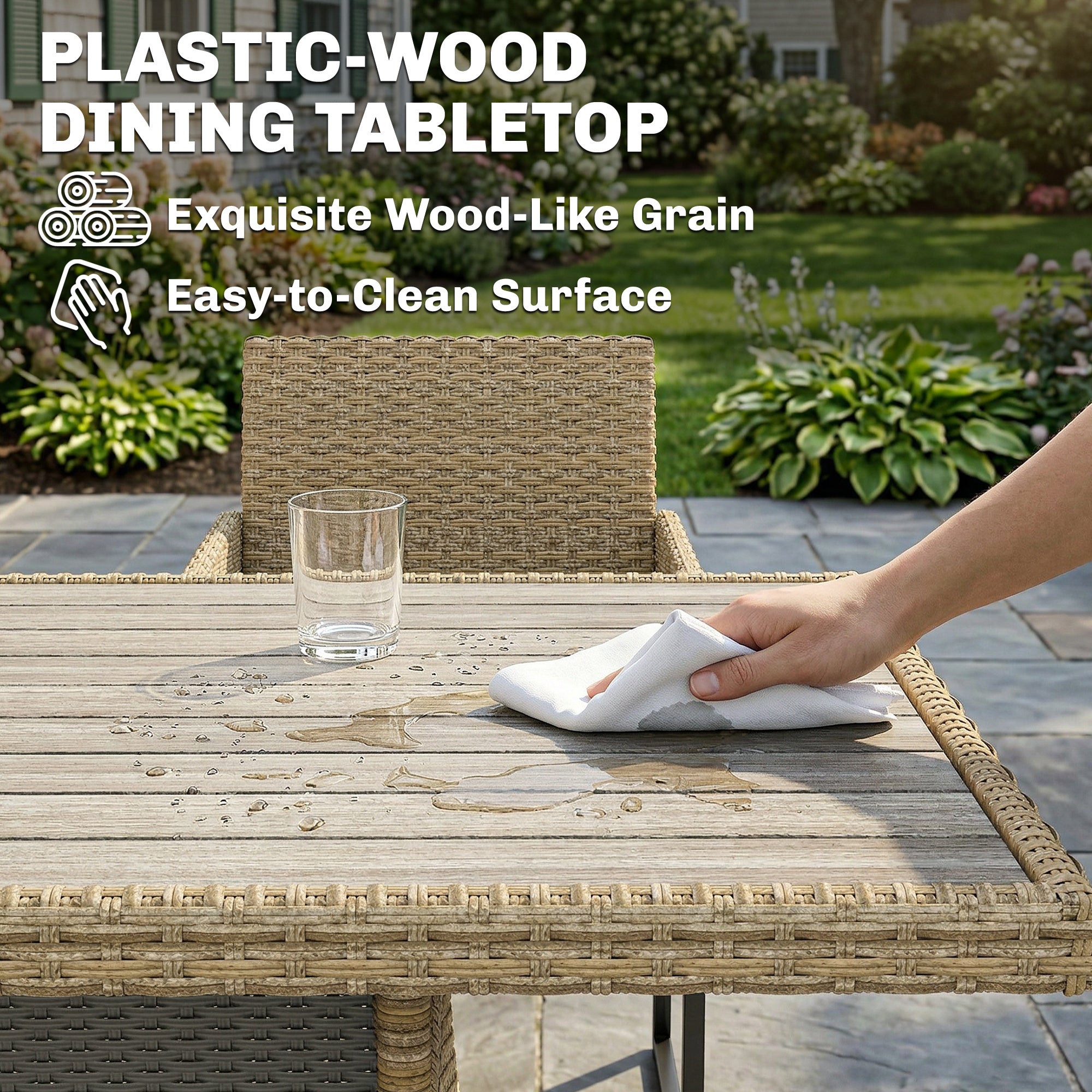 Outsunny 7 Piece Rattan Garden Furniture Set, Garden Dining Set with Wood-Plastic Table and 6 Stackable Chairs, Dark Grey 