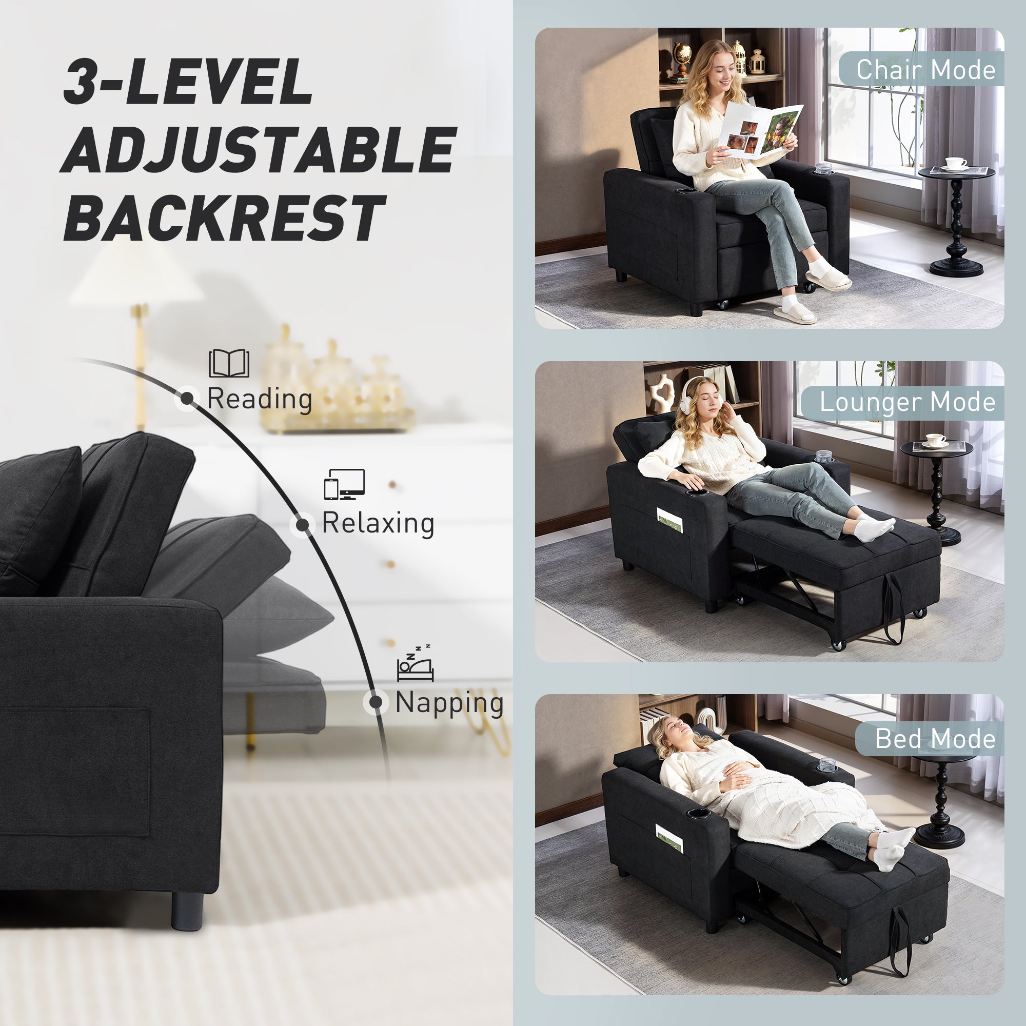 HOMCOM 3-in-1 Single Sofa Bed, Convertible Sleeper Chair Bed - Black 