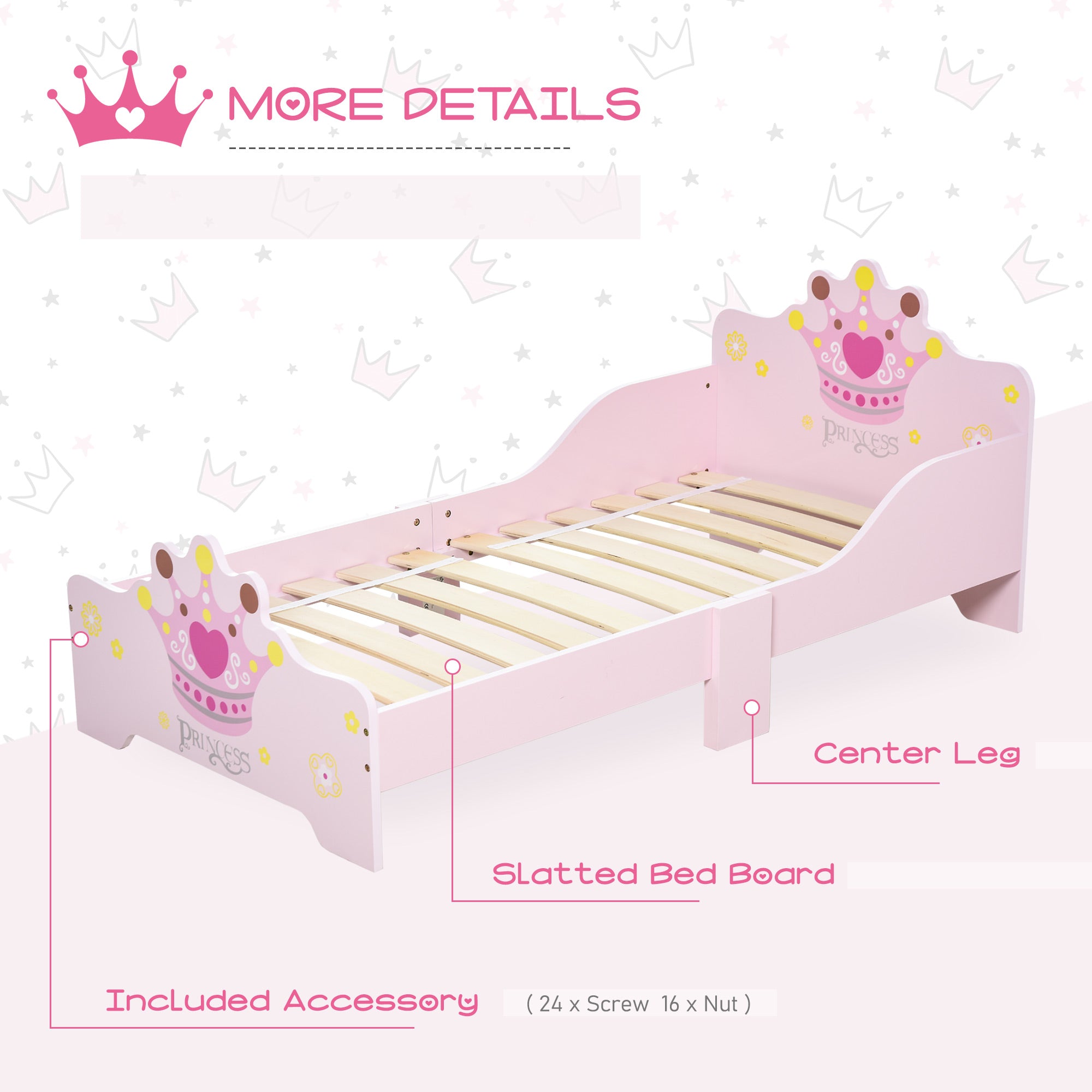 HOMCOM Kids Toddler Bed Princess Crown Theme Safety Side Rails Slats Home Bedroom Furniture Boys Girls 3-6 Yrs Pink 143 x 73 x 60 cm 